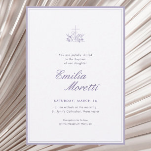 Invitation Lilas lavande Croix avec initiales du nom Baptême