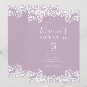 Invitation Lilas Mauve et Dentelle Blanche Élégante Fête Douc