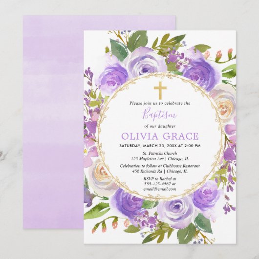 Invitation Lilas pourpre floral de lavande de fille de (Devant / Derrière)