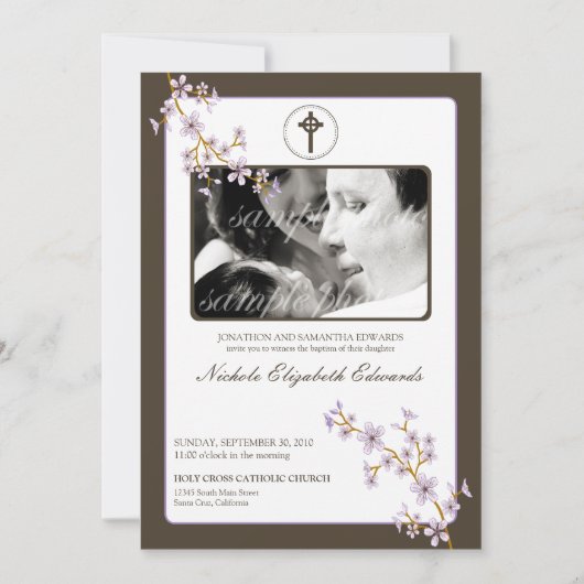 Invitation lilas précieuse de baptême de fleurs de (Devant)