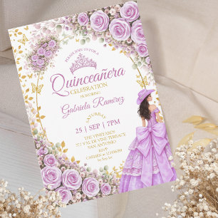 Invitation Lilas Roses Violettes Dorées Quinceañera Occidenta