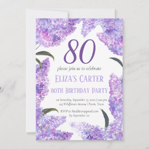 Invitation Lilas Violet 80ème Floral Élégant Anniversaire