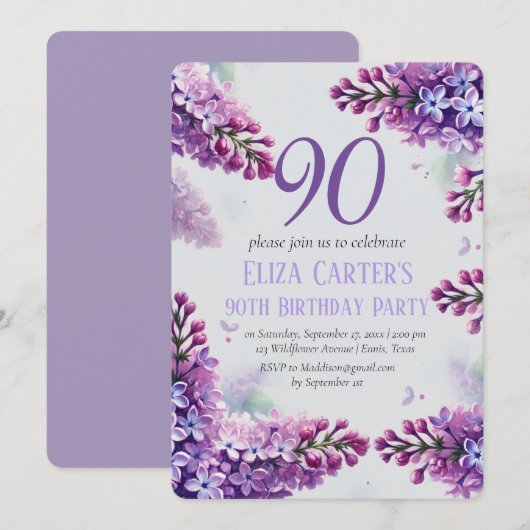 Invitation Lilas Violet 90ème Élégance Florale Anniversaire (Devant / Derrière)