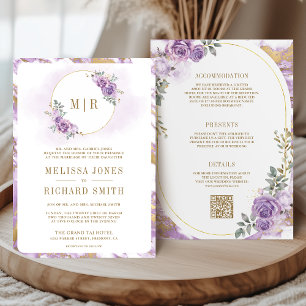Invitation Lilas Violet Floral Marbre Doré Tout en Un Mariage