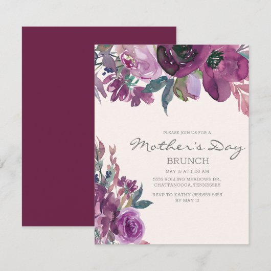 Invitation Lilas Violet Pourpre Floral Script Fête des Mères (Devant / Derrière)