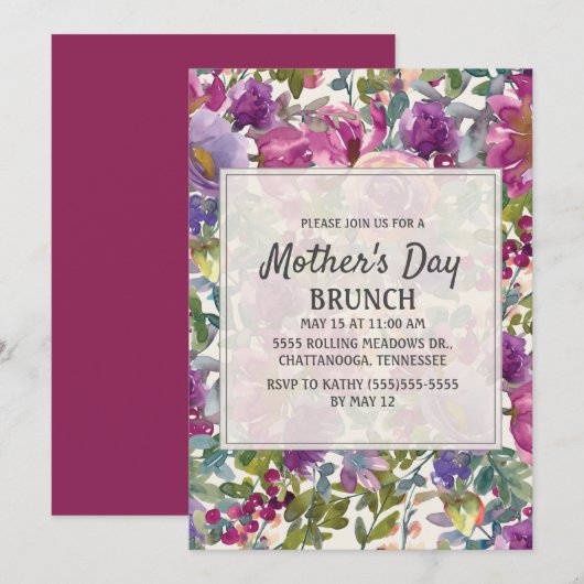 Invitation Lilas violet rose floral aquarelle fête des mères (Devant / Derrière)