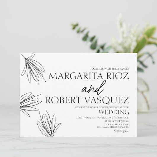 Invitation Lilies main tiré élégant Mariage de script (Debout devant)