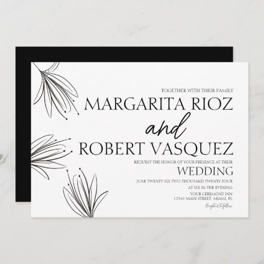 Invitation Lilies main tiré élégant Mariage de script (Devant / Derrière)