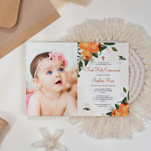 Invitation Lilies & Orange Floral Photo Première Communion Sa