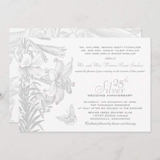 Invitation Lilies Papillons Argent 25e Anniversaire de Mariag (Devant / Derrière)