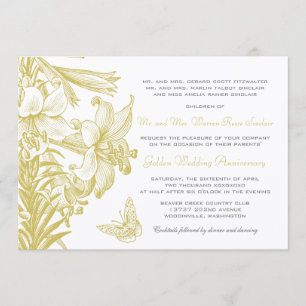 Invitation Lilies Papillons Dorés 50e Anniversaire de Mariage