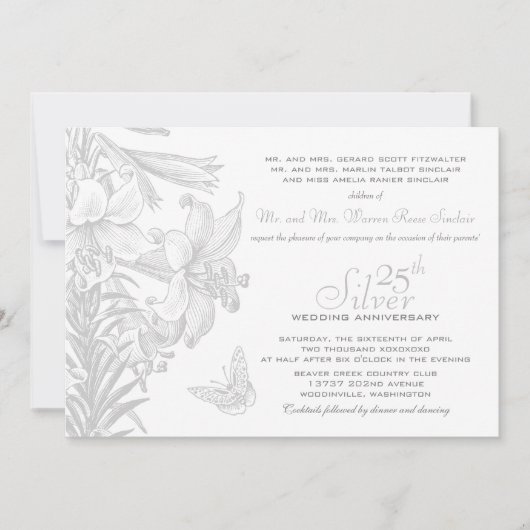 Invitation Lilies Papillons Noces d'Argent 25e Anniversaire d (Devant)