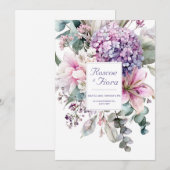 Invitation Lilium rose élégant Hydrangea pourpre Aquarelle (Devant / Derrière)