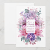 Invitation Lilium rose élégant Hydrangea pourpre Aquarelle (Devant / Derrière)