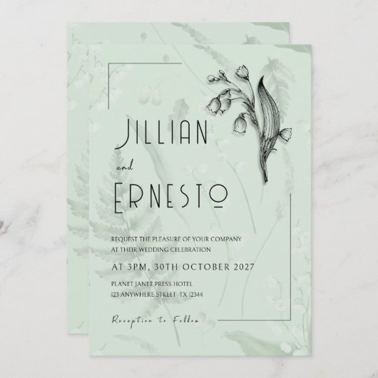 Invitation Lily de Vallée avec des fougères || Sage vert pers (Devant / Derrière)