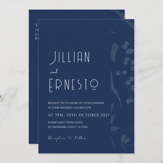 Invitation Lily de Valley || Solide Bleu Profond avec Bord Dé (Devant / Derrière)