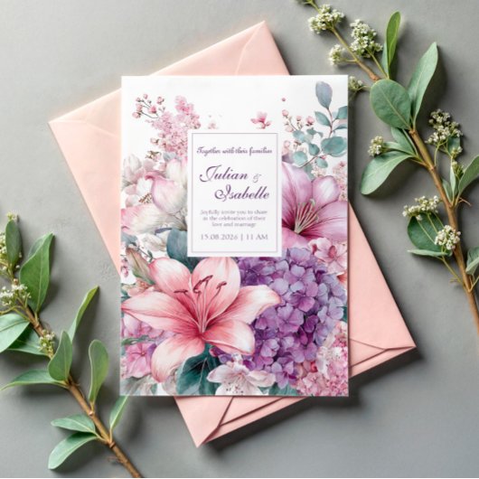 Invitation Lily élégante rose Hydrangea lilas pourpre