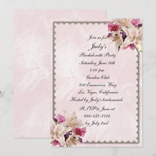 Invitation Lily Floral Marbre rose Mariage Bachelorette Party (Devant / Derrière)