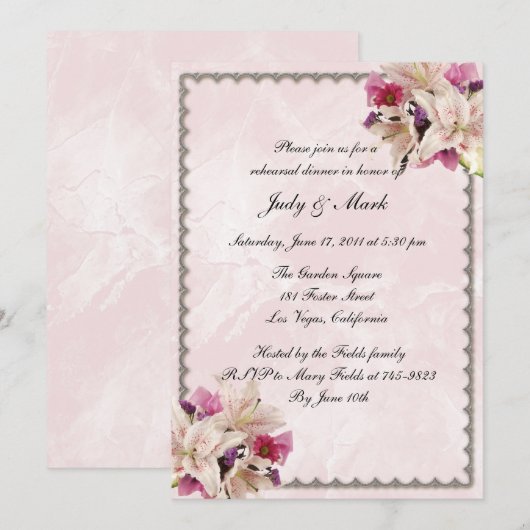 Invitation Lily Floral Marbre rose Mariage Dîner de répétitio (Devant / Derrière)