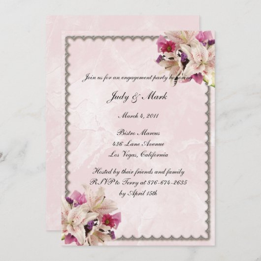 Invitation Lily Floral Mariage en marbre rose (Devant / Derrière)