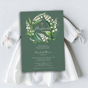 Invitation Lily Valley Cross Wreath Sage Green Girl Baptême