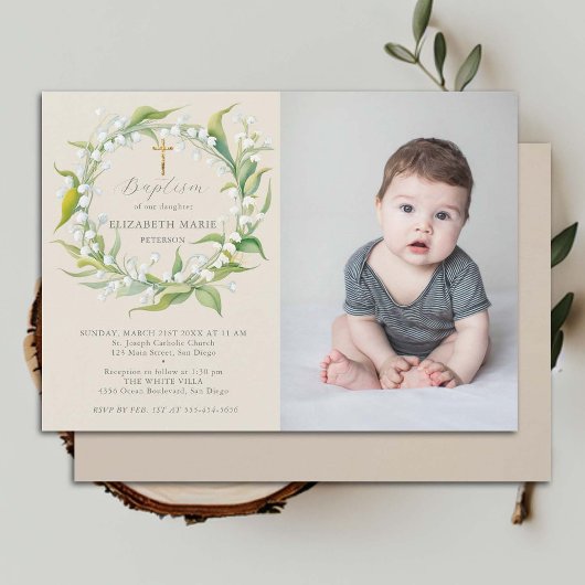 Invitation Lily Valley Gold Cross Formal Chic Photo Baptême