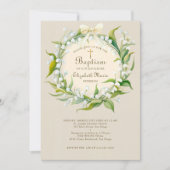 Invitation Lily Valley Gold Cross Wreath Bow Child Baptism (Devant)