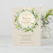 Invitation Lily Valley Gold Cross Wreath Bow Child Baptism (Debout devant)