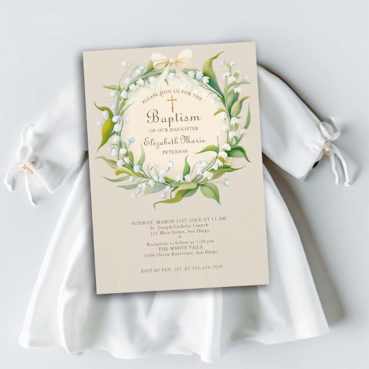 Invitation Lily Valley Gold Cross Wreath Bow Child Baptism
