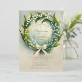 Invitation Lily Valley Gold Cross Wreath Bow Girl Baptism (Debout devant)