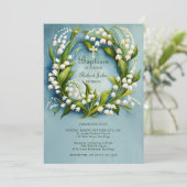 Invitation Lily Valley Gold Cross Wreath Formal Blue Baptism (Debout devant)