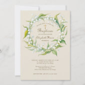Invitation Lily Valley Gold Cross Wreath Formal Child Baptism (Devant)