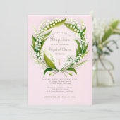 Invitation Lily Valley Gold Cross Wreath Formal Pink Baptism (Debout devant)