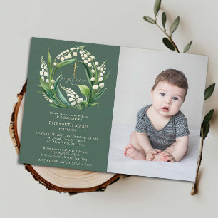 Invitation Lily Valley Green Gold Formal Chic Photo Baptême