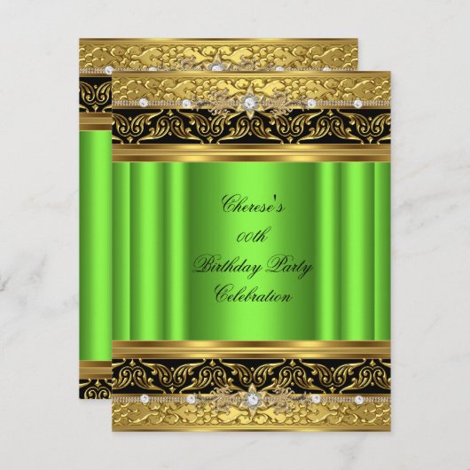 Invitation Lime Anniversaire Soirée Elegant Or Diamant Noir (Devant / Derrière)
