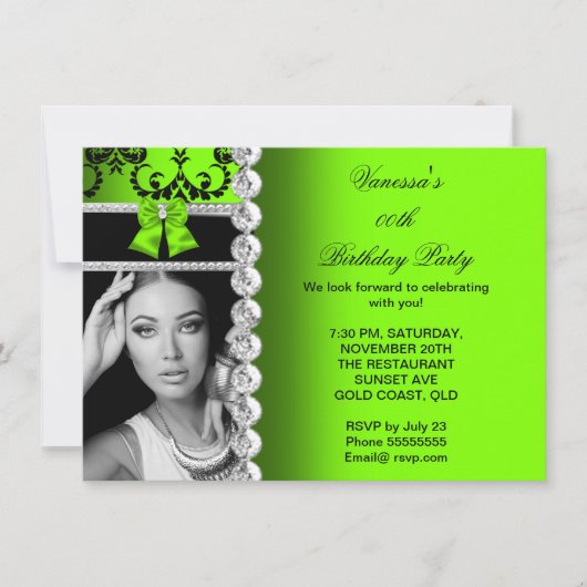 Invitation Lime Damask Black Jewel Bow Photo Anniversaire (Devant)