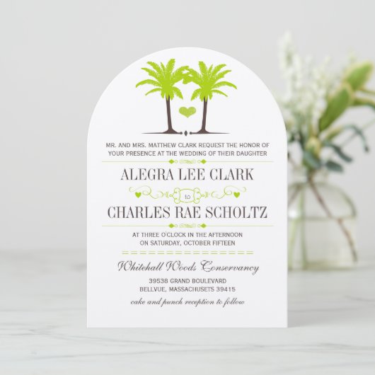 Invitation Lime Green Beach Palm Tree Destination Typographie (Debout devant)
