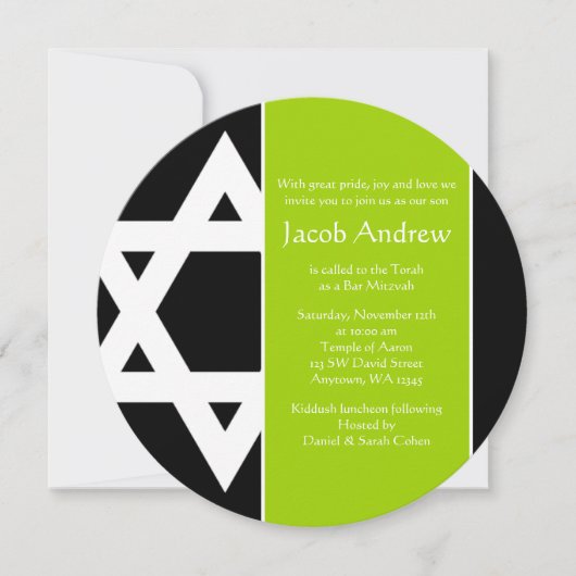Invitation Lime Green Black Star de David Round Bar Mitzvah (Devant)