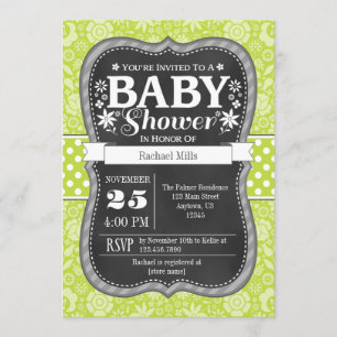Invitation Lime Green Chalkboard Floral Baby shower Invitatio