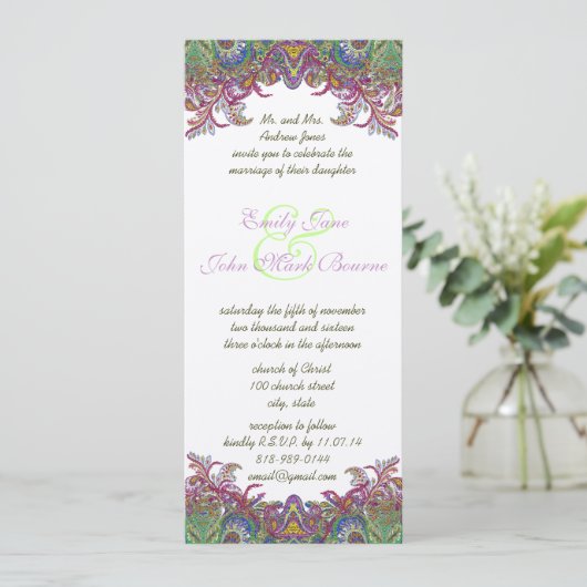 Invitation Lime Green et Raspberry Mariage damassé (Debout devant)