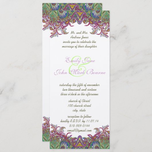 Invitation Lime Green et Raspberry Mariage damassé (Devant / Derrière)