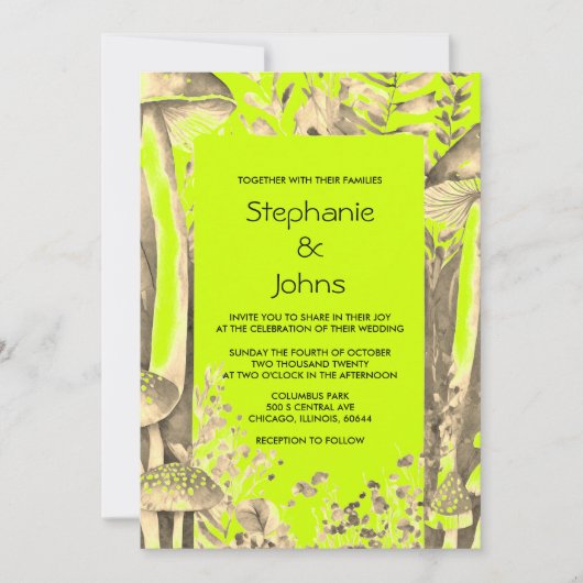 Invitation Lime Green Gold Champignons Brown Bois Mariage (Devant)