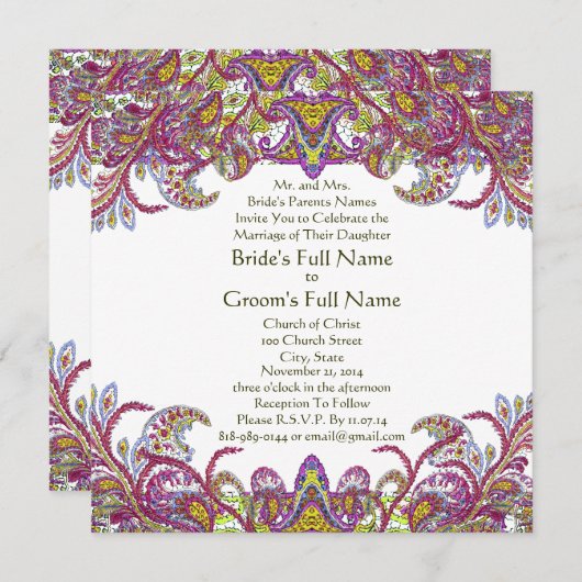 Invitation Lime Green Gold Mariage damassé (Devant / Derrière)