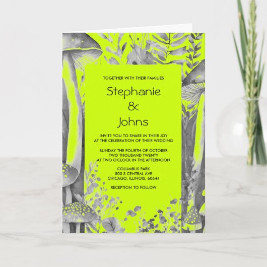 Invitation Lime Green Grey Champignons noirs Bois Mariage (Devant)