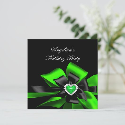 Invitation Lime Green Heart Black Bow Image Anniversaire (Debout devant)