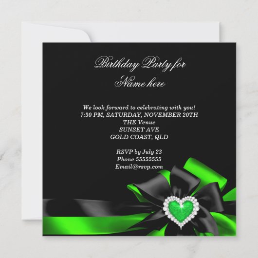 Invitation Lime Green Heart Black Bow Image Anniversaire (Dos)