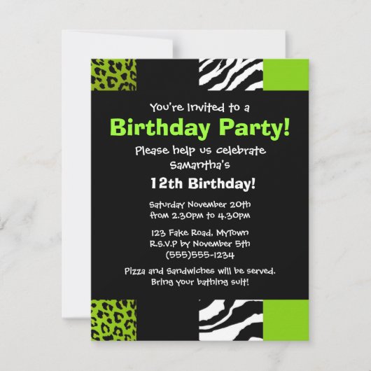 Invitation Lime Green Leopard et Zebra Poster de animal Party (Devant)