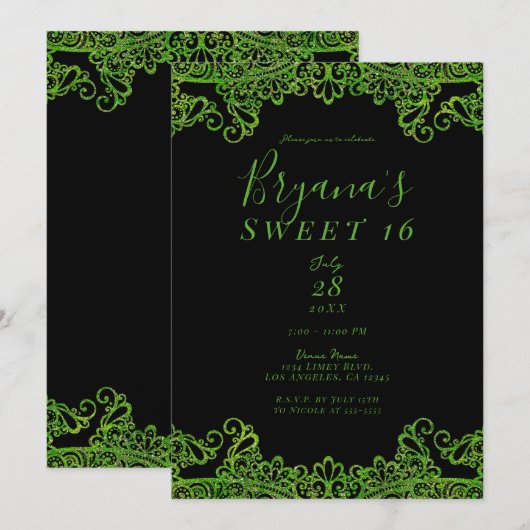 Invitation Lime Green Parties scintillant Étincelle Black Swe (Devant / Derrière)