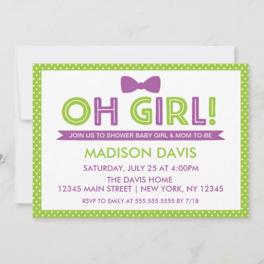 Invitation Lime Green & Purple Polka Dot Oh Baby shower fille (Devant)