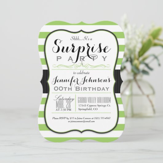 Invitation Lime Green & White Stripes Surprise Party (Debout devant)
